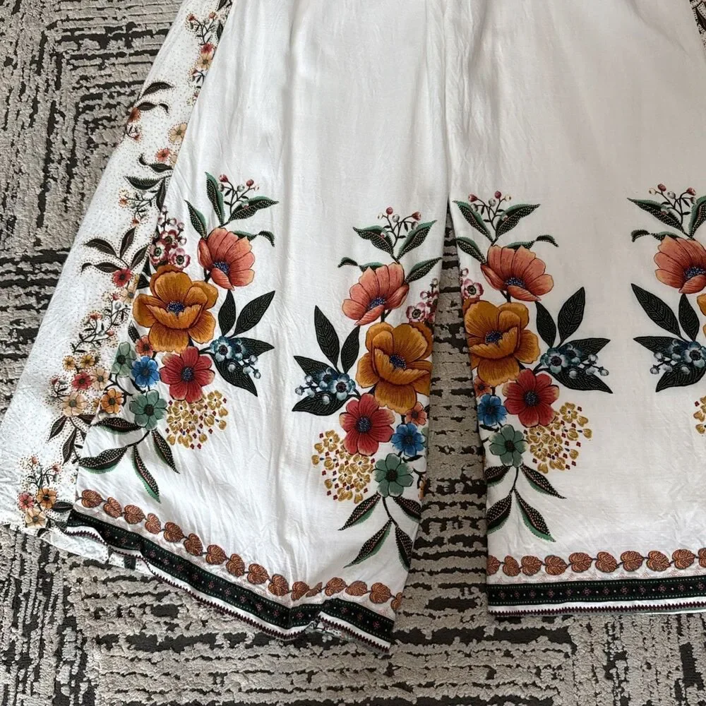 Farm Rio x Anthropologie Melila Floral Flared Pants Women’s Size Large Boho - Picture 14 of 15